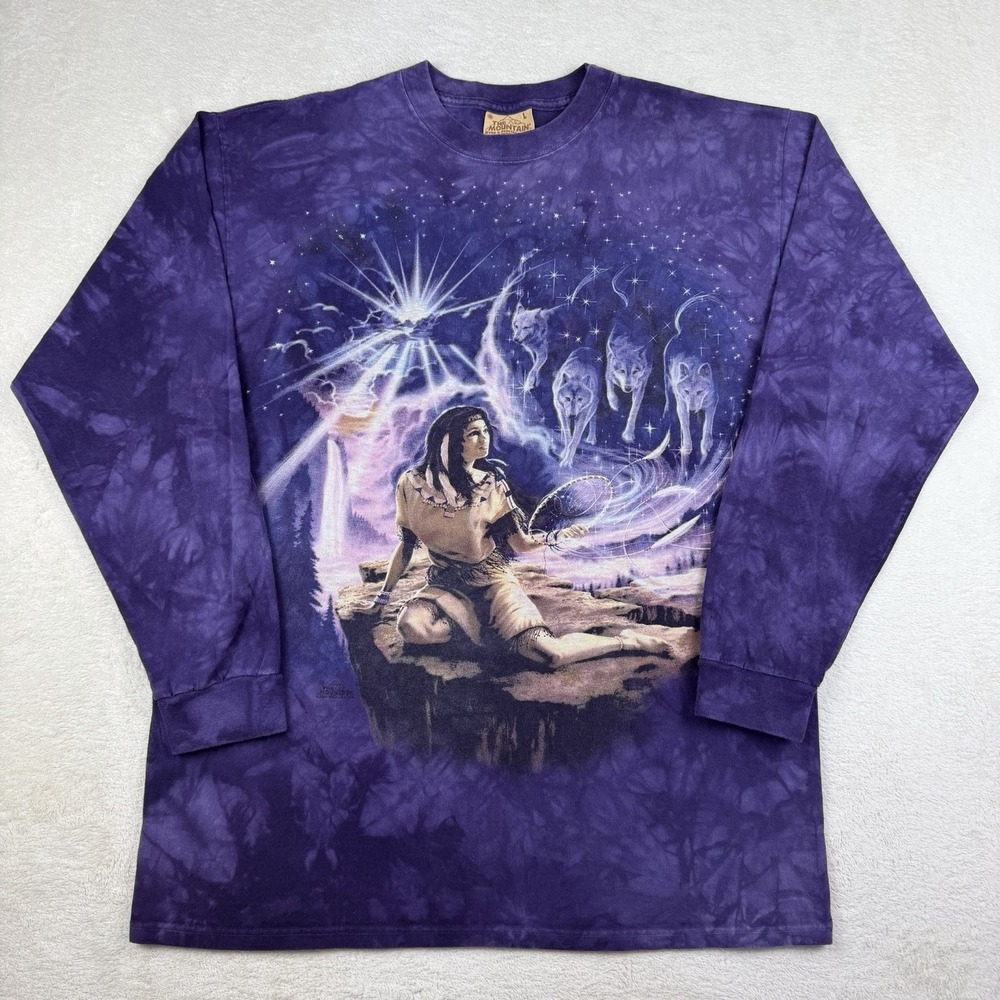 Vintage Native American Woman Wolf The Mountain purple Long Sleeve T-shirt Sz‎ L